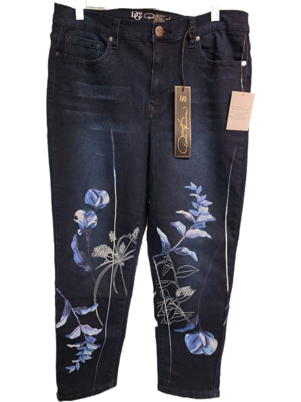 DG2 Diane Gilman Floral Screen Print Cropped Jeans Indigo Blue Stretch Size 12